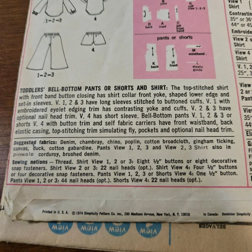 Simplicity 6779 Vintage Sewing Pattern70s Toddler's Bell-Bottoms, Shorts & Shirt